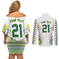 Custom Rugby Cook Islands Avaiki Couples Matching Off Shoulder Short Dress and Long Sleeve Button Shirt White Kuki Airani Tribal Maori Inspired LT9 - Polynesian Pride