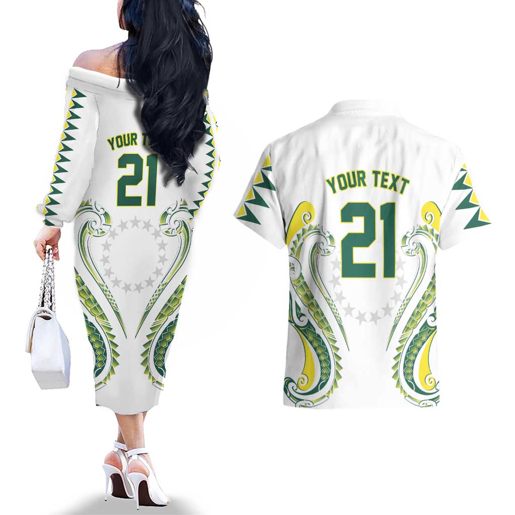 Custom Rugby Cook Islands Avaiki Couples Matching Off The Shoulder Long Sleeve Dress and Hawaiian Shirt White Kuki Airani Tribal Maori Inspired LT9 - Polynesian Pride
