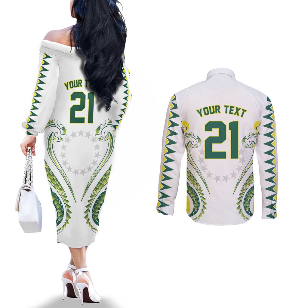 Custom Rugby Cook Islands Avaiki Couples Matching Off The Shoulder Long Sleeve Dress and Long Sleeve Button Shirt White Kuki Airani Tribal Maori Inspired LT9 - Polynesian Pride