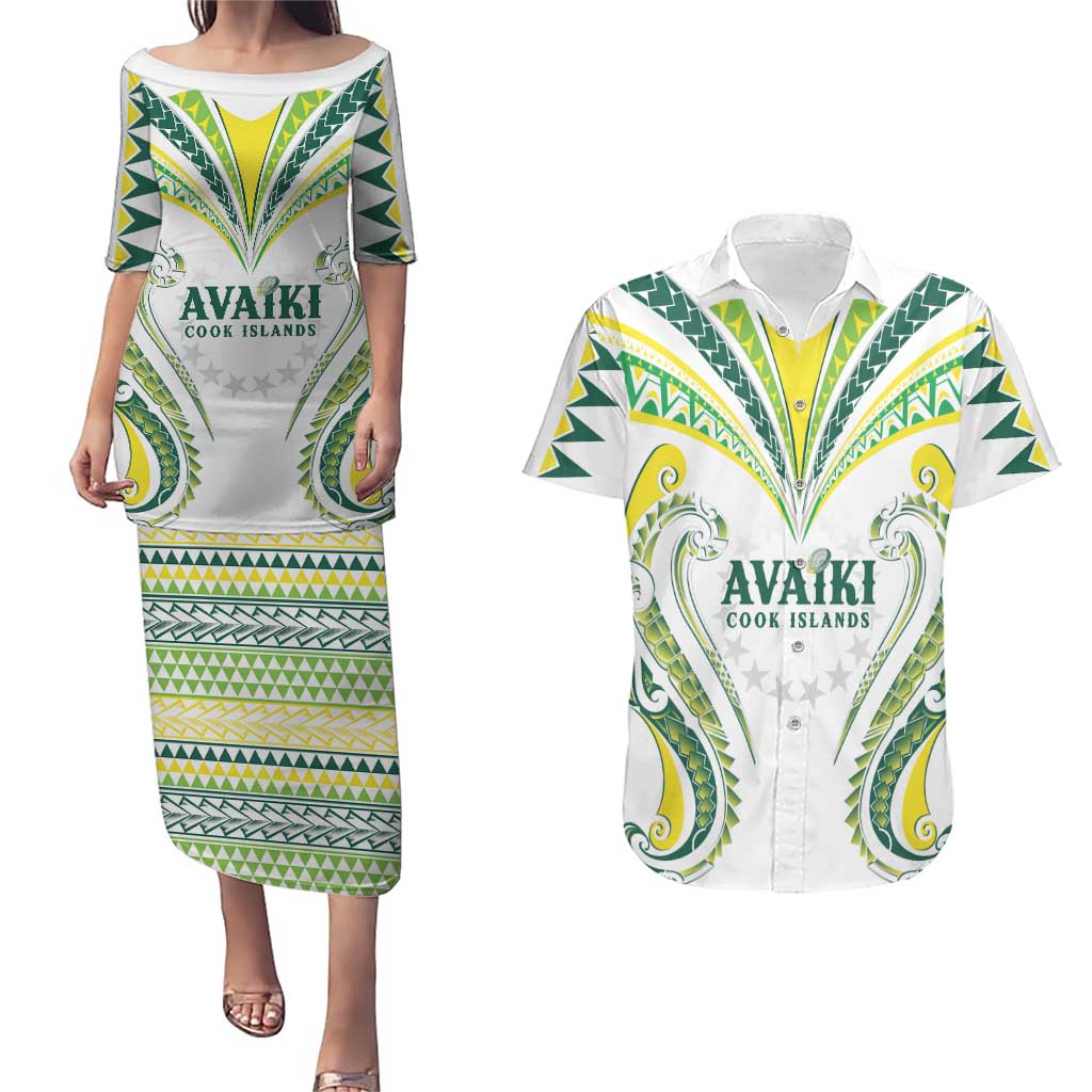 Custom Rugby Cook Islands Avaiki Couples Matching Puletasi and Hawaiian Shirt White Kuki Airani Tribal Maori Inspired - Polynesian Pride