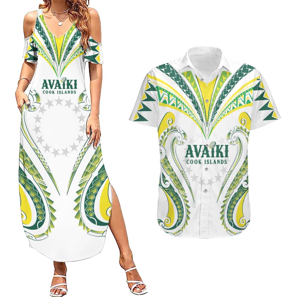 Custom Rugby Cook Islands Avaiki Couples Matching Summer Maxi Dress and Hawaiian Shirt White Kuki Airani Tribal Maori Inspired LT9 White - Polynesian Pride