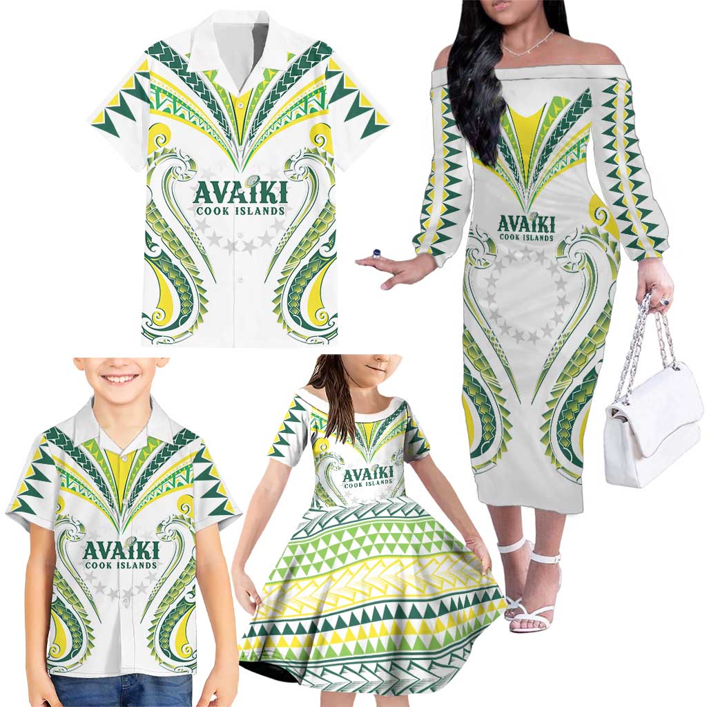 Custom Rugby Cook Islands Avaiki Family Matching Off The Shoulder Long Sleeve Dress and Hawaiian Shirt White Kuki Airani Tribal Maori Inspired LT9 - Polynesian Pride