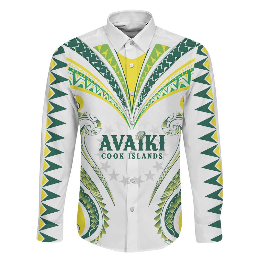 Custom Rugby Cook Islands Avaiki Family Matching Off Shoulder Maxi Dress and Hawaiian Shirt White Kuki Airani Tribal Maori Inspired LT9 Dad's Shirt - Long Sleeve White - Polynesian Pride