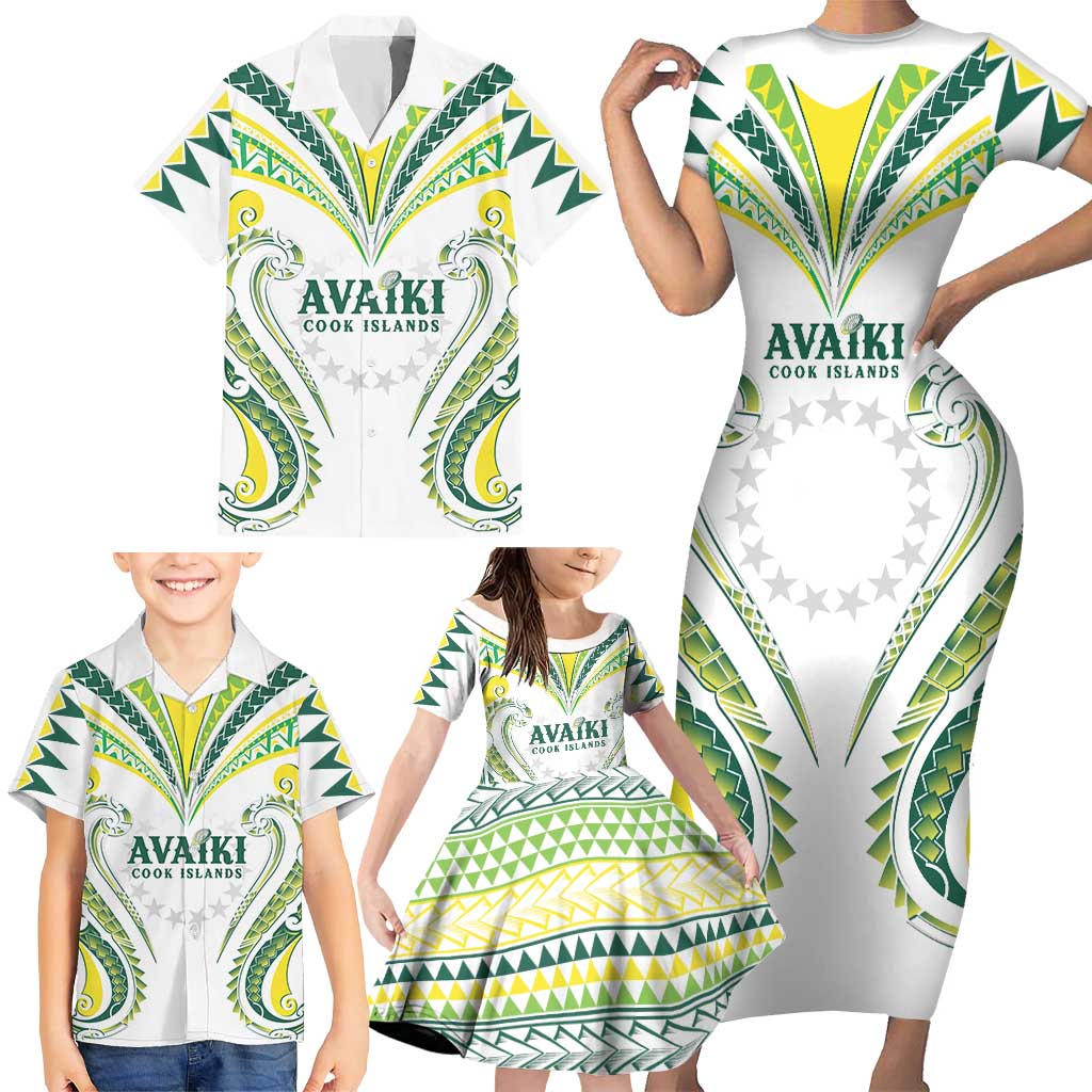 Custom Rugby Cook Islands Avaiki Family Matching Short Sleeve Bodycon Dress and Hawaiian Shirt White Kuki Airani Tribal Maori Inspired - Polynesian Pride