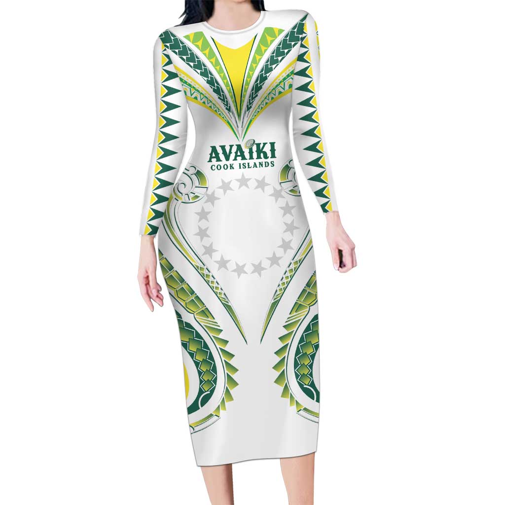 Custom Rugby Cook Islands Avaiki Long Sleeve Bodycon Dress White Kuki Airani Tribal Maori Inspired LT9 Long Dress White - Polynesian Pride
