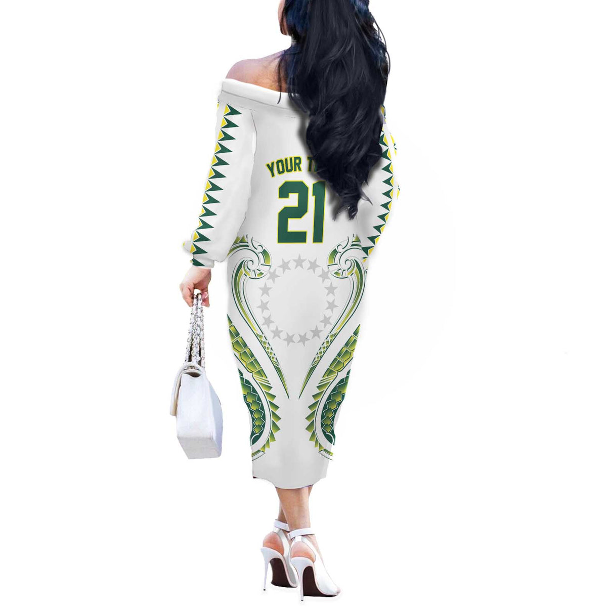 Custom Rugby Cook Islands Avaiki Off The Shoulder Long Sleeve Dress White Kuki Airani Tribal Maori Inspired LT9 - Polynesian Pride