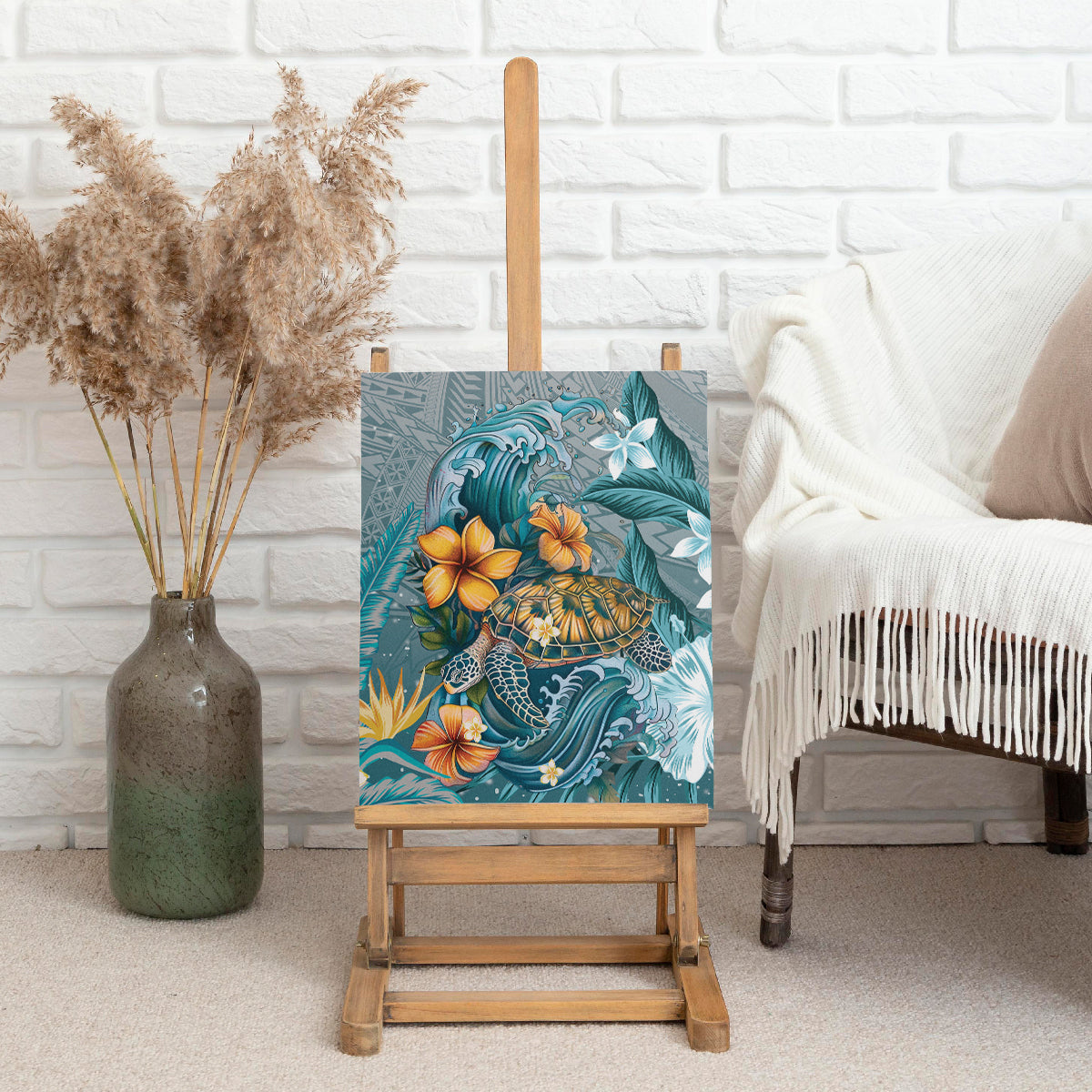 Sea Turtle In The Ocean Canvas Wall Art with Polynesian Pattern Arty Style