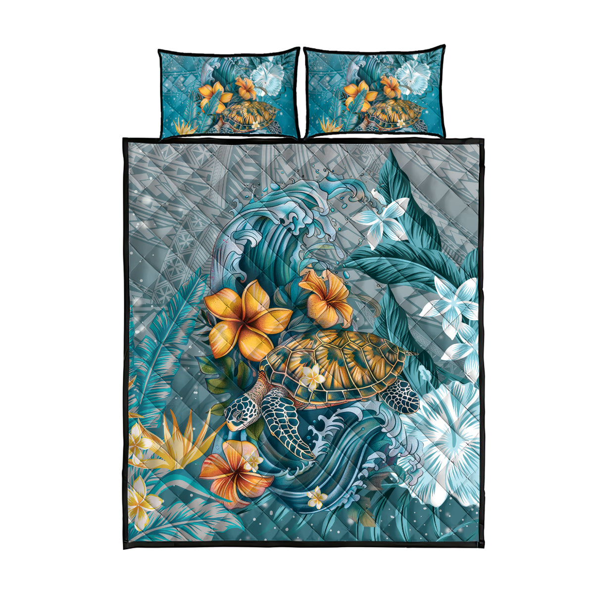 Sea Turtle In The Ocean Quilt Bed Set with Polynesian Pattern Arty Style