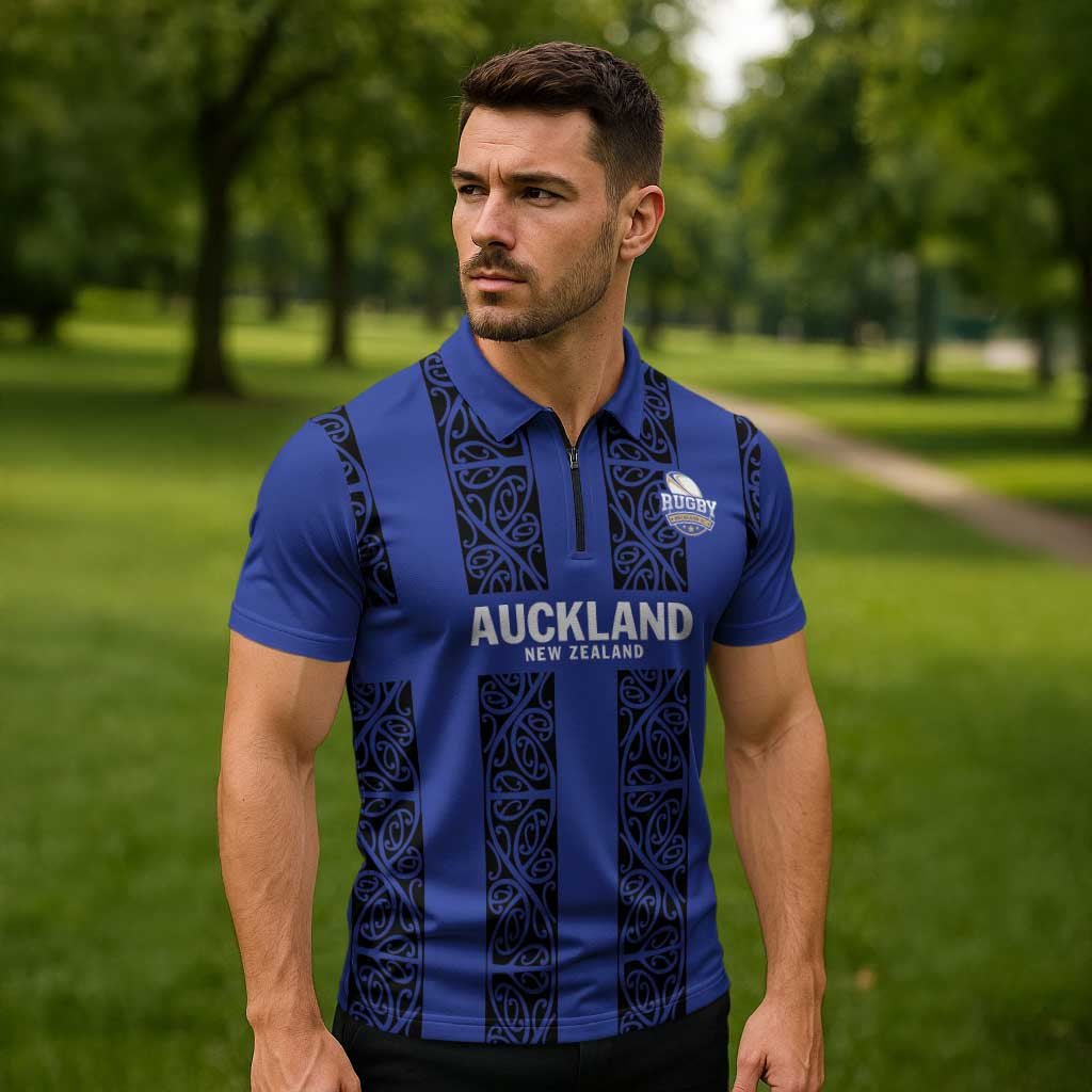 Custom Oceania Football NZ Auckland Zipper Polo Shirt Maori Tribal Pattern