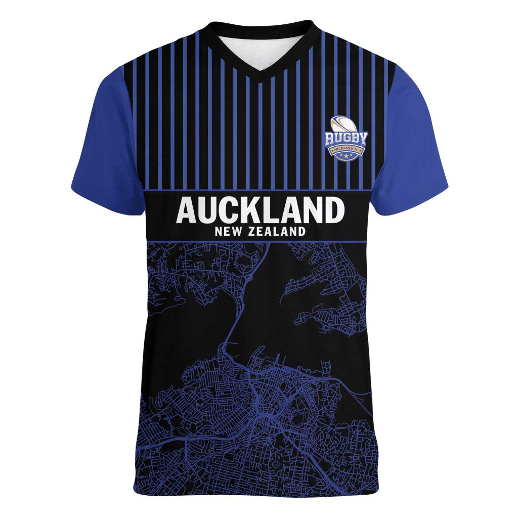 Custom Oceania Football NZ Auckland Women V-Neck T-Shirt Minimal City Map Style LT9 Female Blue - Polynesian Pride
