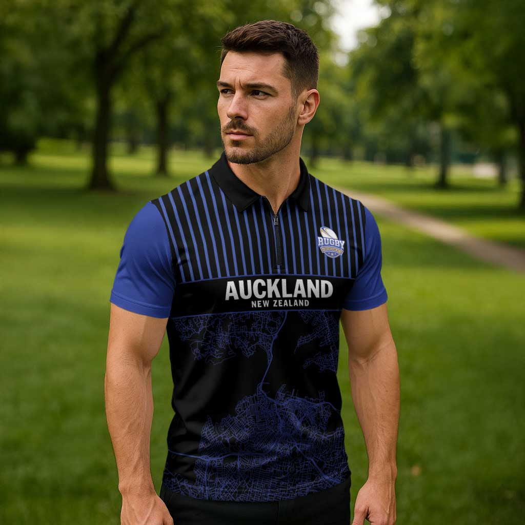 Custom Oceania Football NZ Auckland Zipper Polo Shirt Minimal City Map Style LT9 - Polynesian Pride