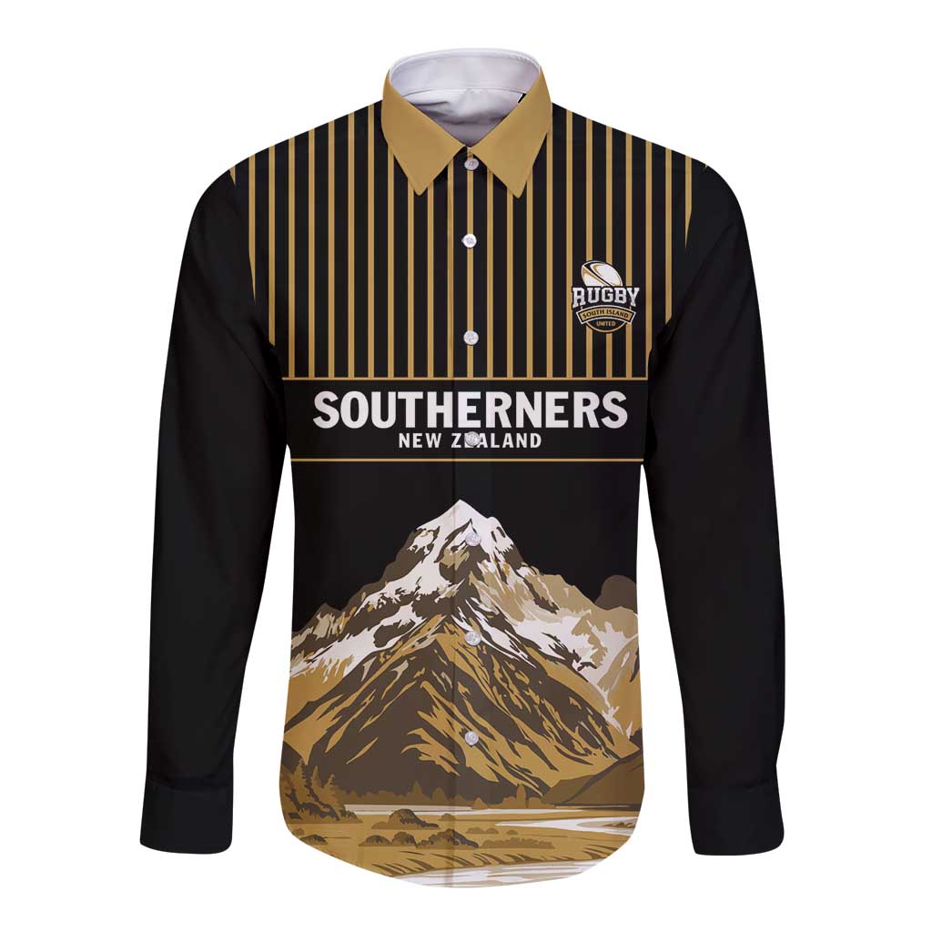 Custom Oceania Football NZ South Island Long Sleeve Button Shirt Minimal Mount Cook Silhouette LT9 Unisex Black - Polynesian Pride