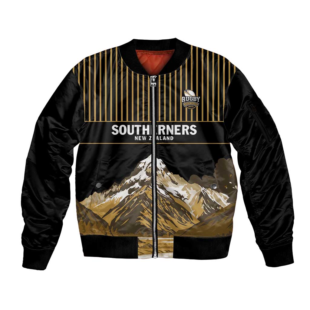 Custom Oceania Football NZ South Island Sleeve Zip Bomber Jacket Minimal Mount Cook Silhouette LT9 Unisex Black - Polynesian Pride