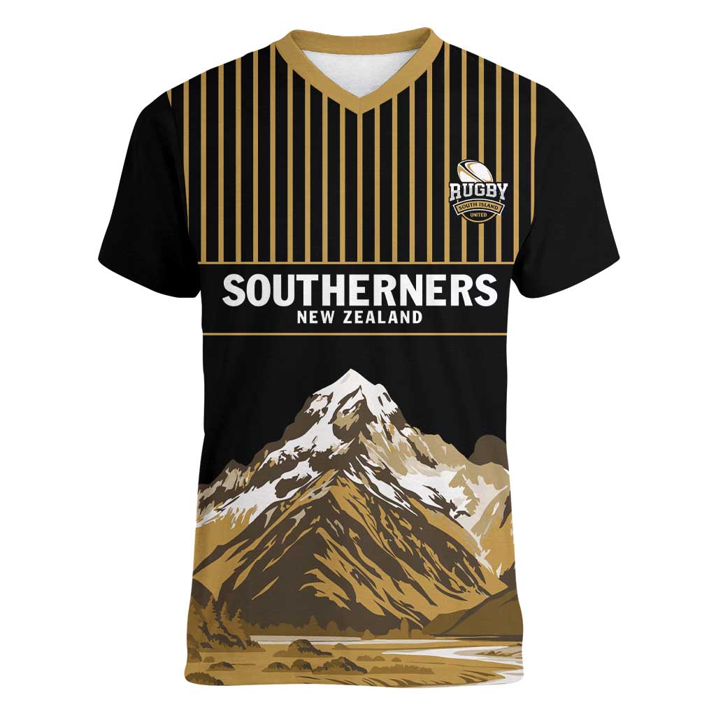 Custom Oceania Football NZ South Island Women V-Neck T-Shirt Minimal Mount Cook Silhouette LT9 Female Black - Polynesian Pride