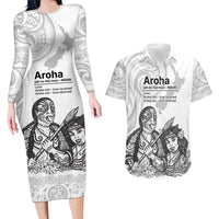 Aroha Maori Language Couples Matching Long Sleeve Bodycon Dress and Hawaiian Shirt Te Reo Maori Inspired Art LT9 white - Polynesian Pride