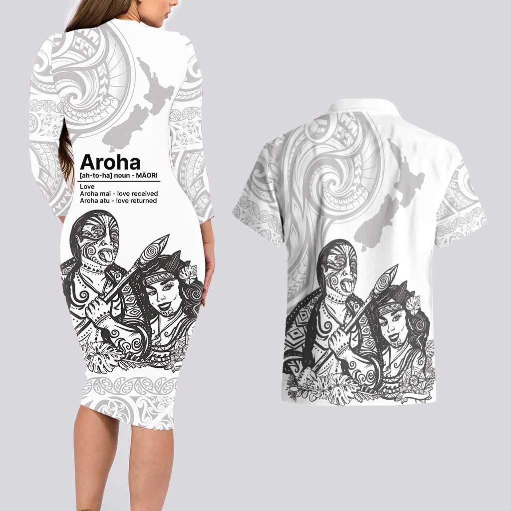 Aroha Maori Language Couples Matching Long Sleeve Bodycon Dress and Hawaiian Shirt Te Reo Maori Inspired Art LT9 - Polynesian Pride