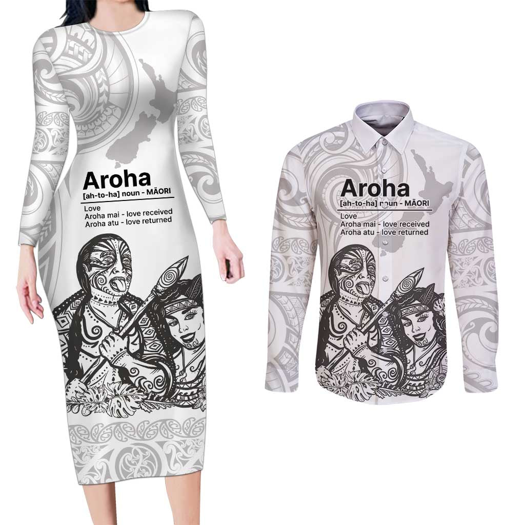 Aroha Maori Language Couples Matching Long Sleeve Bodycon Dress and Long Sleeve Button Shirt Te Reo Maori Inspired Art LT9 white - Polynesian Pride