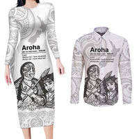 Aroha Maori Language Couples Matching Long Sleeve Bodycon Dress and Long Sleeve Button Shirt Te Reo Maori Inspired Art LT9 white - Polynesian Pride