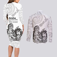 Aroha Maori Language Couples Matching Long Sleeve Bodycon Dress and Long Sleeve Button Shirt Te Reo Maori Inspired Art LT9 - Polynesian Pride