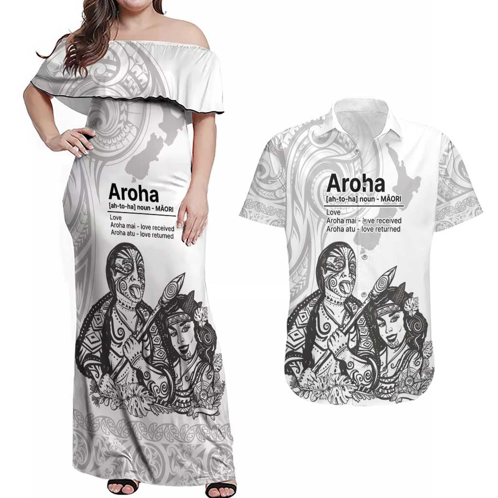 Aroha Maori Language Couples Matching Off Shoulder Maxi Dress and Hawaiian Shirt Te Reo Maori Inspired Art LT9 white - Polynesian Pride