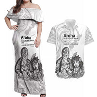 Aroha Maori Language Couples Matching Off Shoulder Maxi Dress and Hawaiian Shirt Te Reo Maori Inspired Art LT9 white - Polynesian Pride