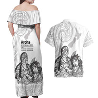 Aroha Maori Language Couples Matching Off Shoulder Maxi Dress and Hawaiian Shirt Te Reo Maori Inspired Art LT9 - Polynesian Pride