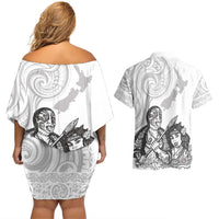 Aroha Maori Language Couples Matching Off Shoulder Short Dress and Hawaiian Shirt Te Reo Maori Inspired Art LT9 - Polynesian Pride