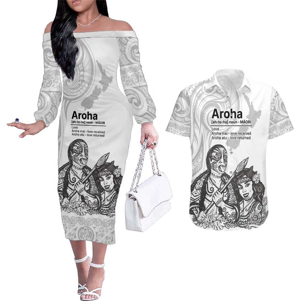 Aroha Maori Language Couples Matching Off The Shoulder Long Sleeve Dress and Hawaiian Shirt Te Reo Maori Inspired Art LT9 white - Polynesian Pride