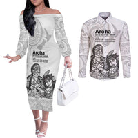 Aroha Maori Language Couples Matching Off The Shoulder Long Sleeve Dress and Long Sleeve Button Shirt Te Reo Maori Inspired Art LT9 white - Polynesian Pride