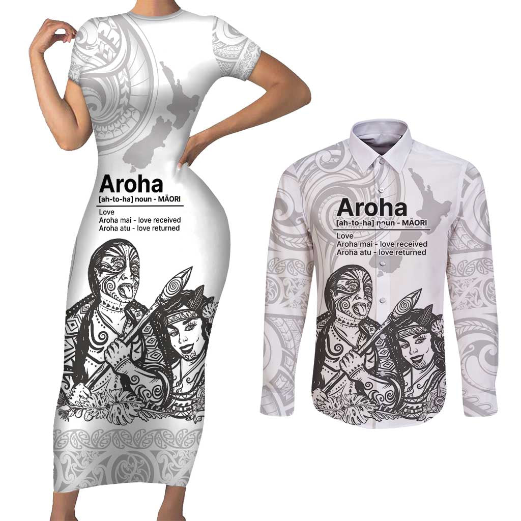 Aroha Maori Language Couples Matching Short Sleeve Bodycon Dress and Long Sleeve Button Shirt Te Reo Maori Inspired Art LT9 white - Polynesian Pride