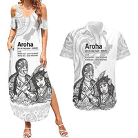 Aroha Maori Language Couples Matching Summer Maxi Dress and Hawaiian Shirt Te Reo Maori Inspired Art LT9 white - Polynesian Pride