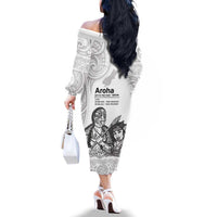 Aroha Maori Language Family Matching Off The Shoulder Long Sleeve Dress and Hawaiian Shirt Te Reo Maori Inspired Art LT9 - Polynesian Pride