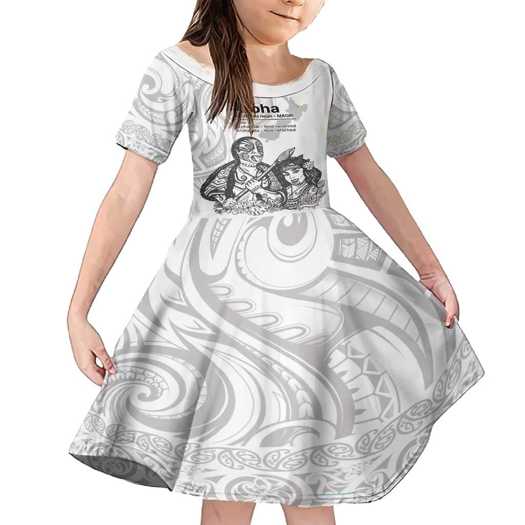Aroha Maori Language Family Matching Off Shoulder Short Dress and Hawaiian Shirt Te Reo Maori Inspired Art LT9 Daughter's Dress white - Polynesian Pride
