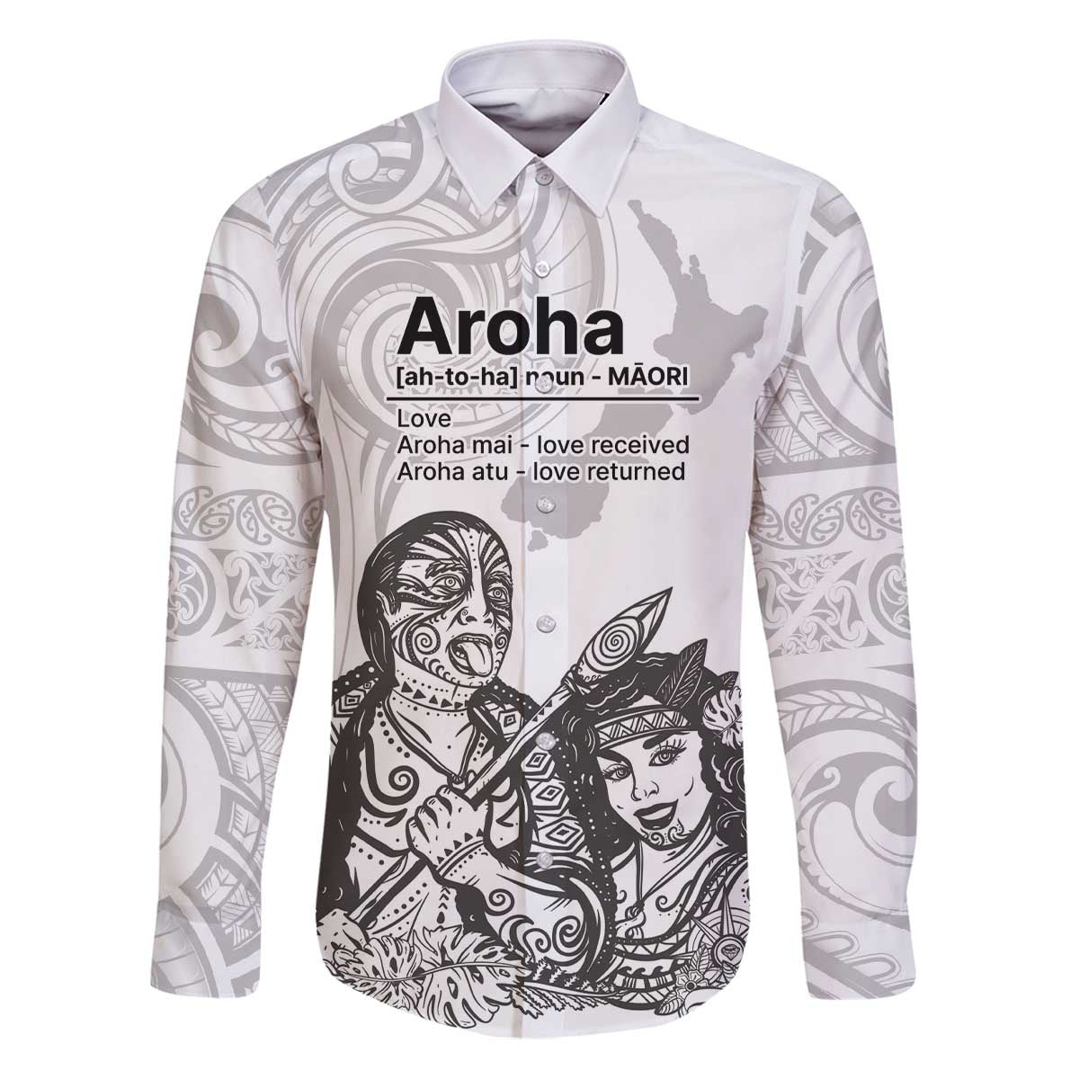 Aroha Maori Language Family Matching Puletasi and Hawaiian Shirt Te Reo Maori Inspired Art LT9 Dad's Shirt - Long Sleeve white - Polynesian Pride