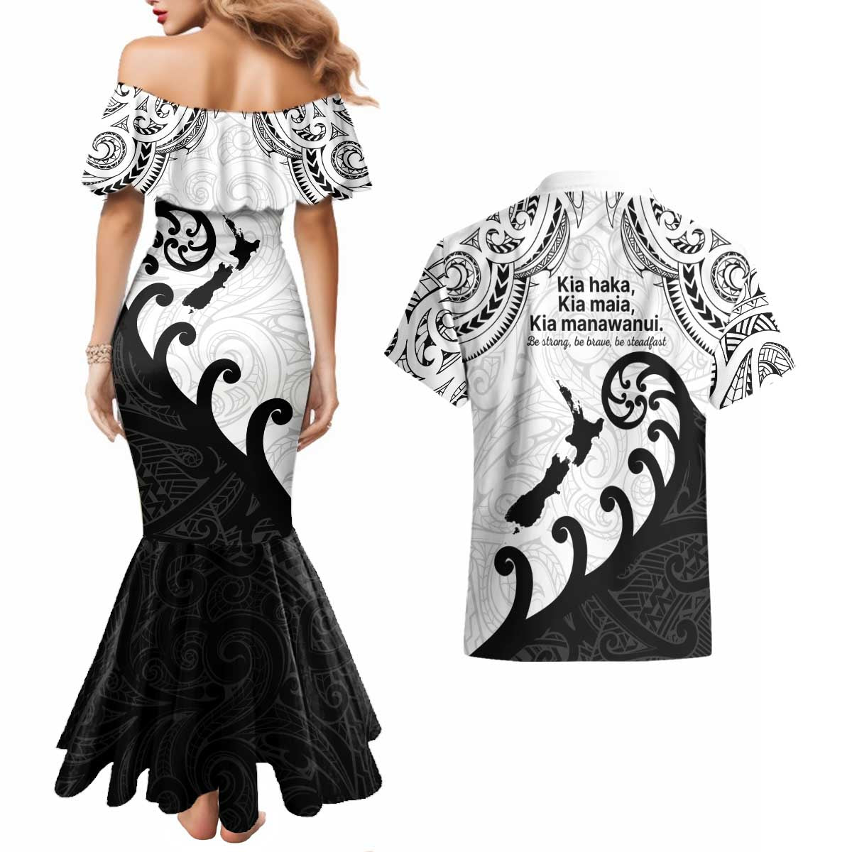 Kia Haka Maori language Couples Matching Mermaid Dress and Hawaiian Shirt Te Reo Maori Inspired Art LT9 - Polynesian Pride
