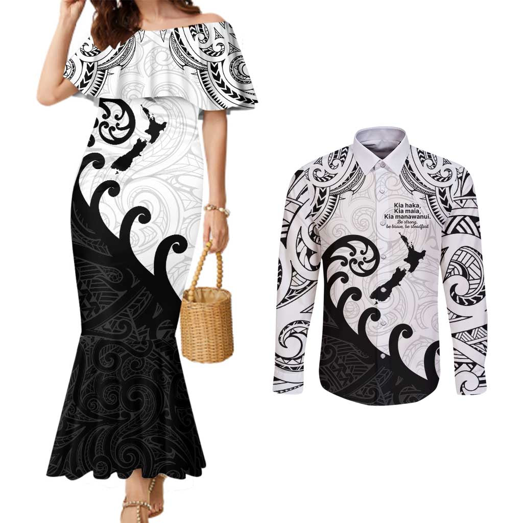 Kia Haka Maori language Couples Matching Mermaid Dress and Long Sleeve Button Shirt Te Reo Maori Inspired Art LT9 white - Polynesian Pride
