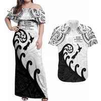Kia Haka Maori language Couples Matching Off Shoulder Maxi Dress and Hawaiian Shirt Te Reo Maori Inspired Art LT9 white - Polynesian Pride