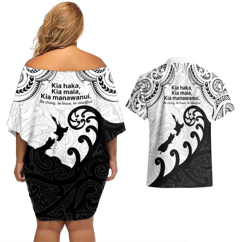 Kia Haka Maori language Couples Matching Off Shoulder Short Dress and Hawaiian Shirt Te Reo Maori Inspired Art LT9 - Polynesian Pride