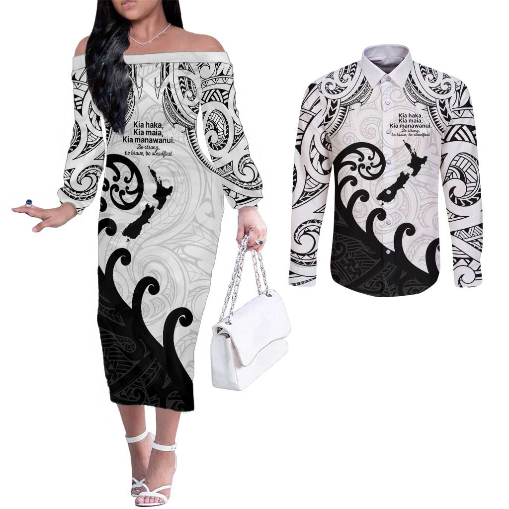 Kia Haka Maori language Couples Matching Off The Shoulder Long Sleeve Dress and Long Sleeve Button Shirt Te Reo Maori Inspired Art LT9 white - Polynesian Pride
