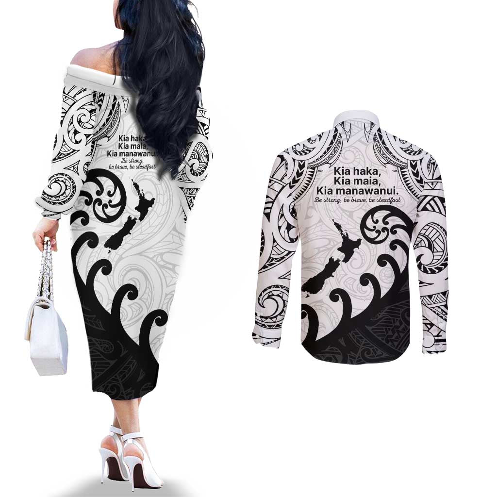 Kia Haka Maori language Couples Matching Off The Shoulder Long Sleeve Dress and Long Sleeve Button Shirt Te Reo Maori Inspired Art LT9 - Polynesian Pride