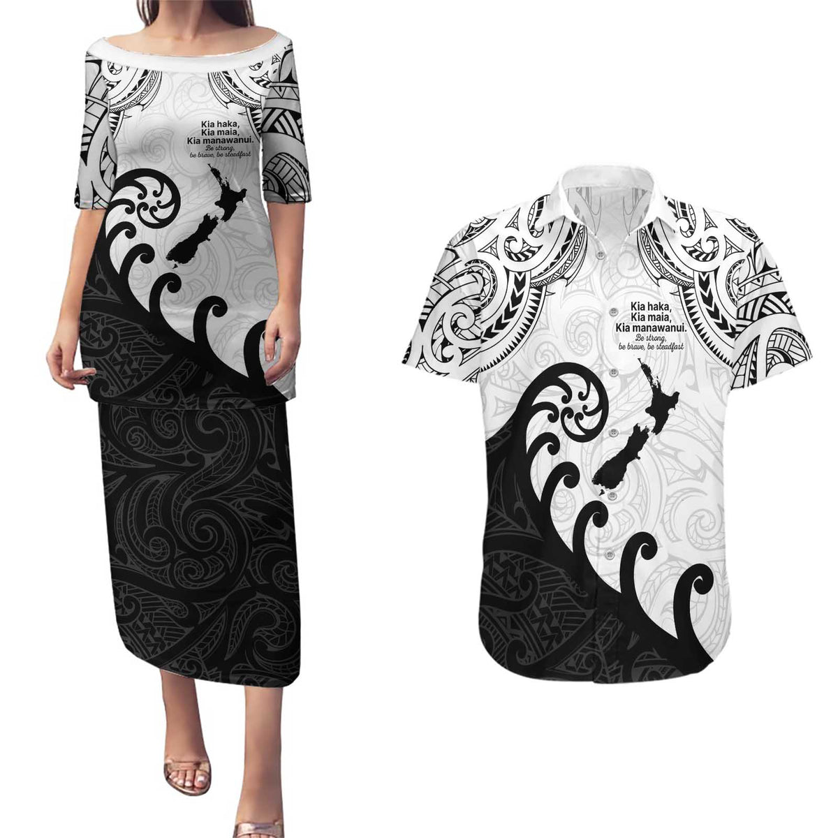 Kia Haka Maori language Couples Matching Puletasi and Hawaiian Shirt Te Reo Maori Inspired Art LT9 white - Polynesian Pride