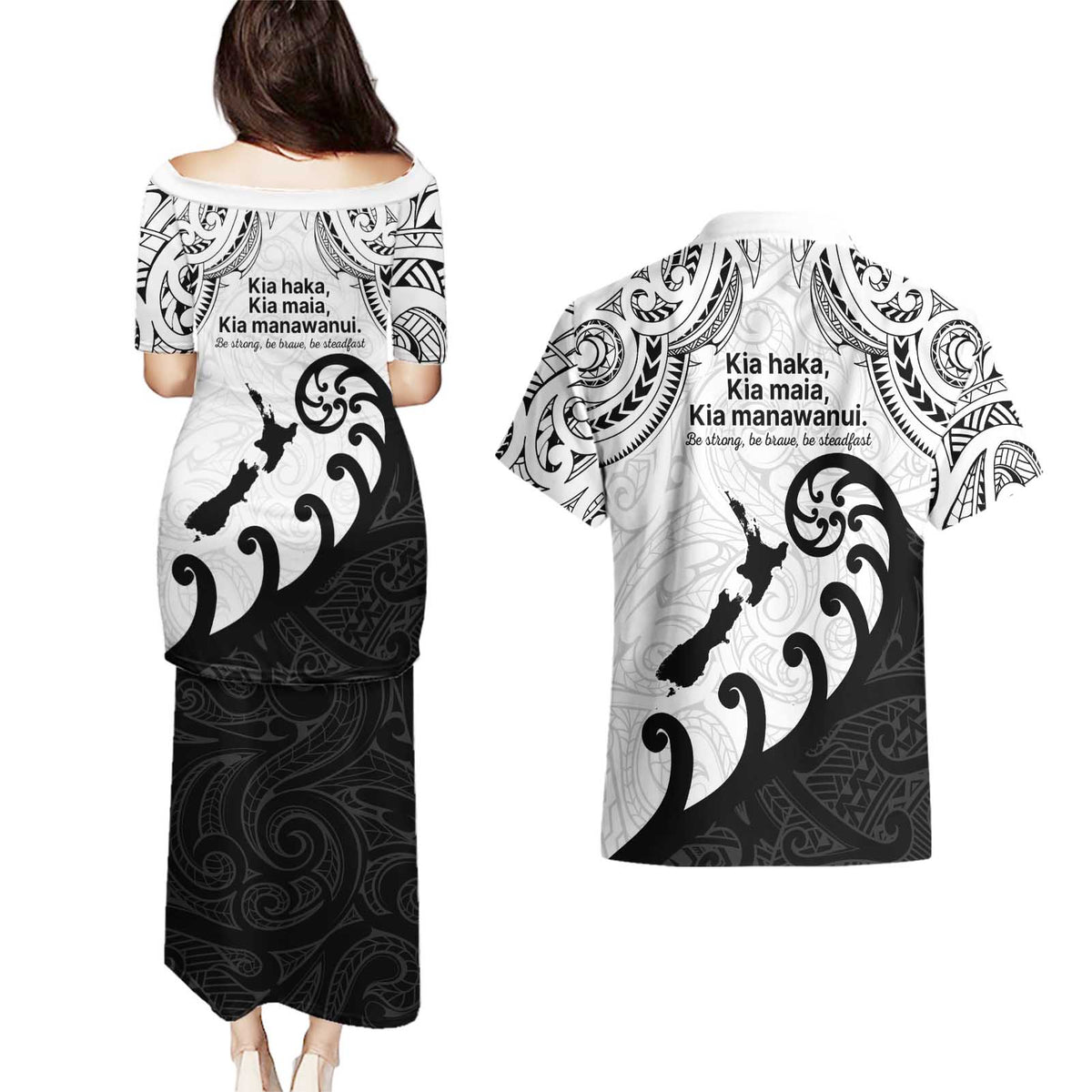 Kia Haka Maori language Couples Matching Puletasi and Hawaiian Shirt Te Reo Maori Inspired Art LT9 - Polynesian Pride