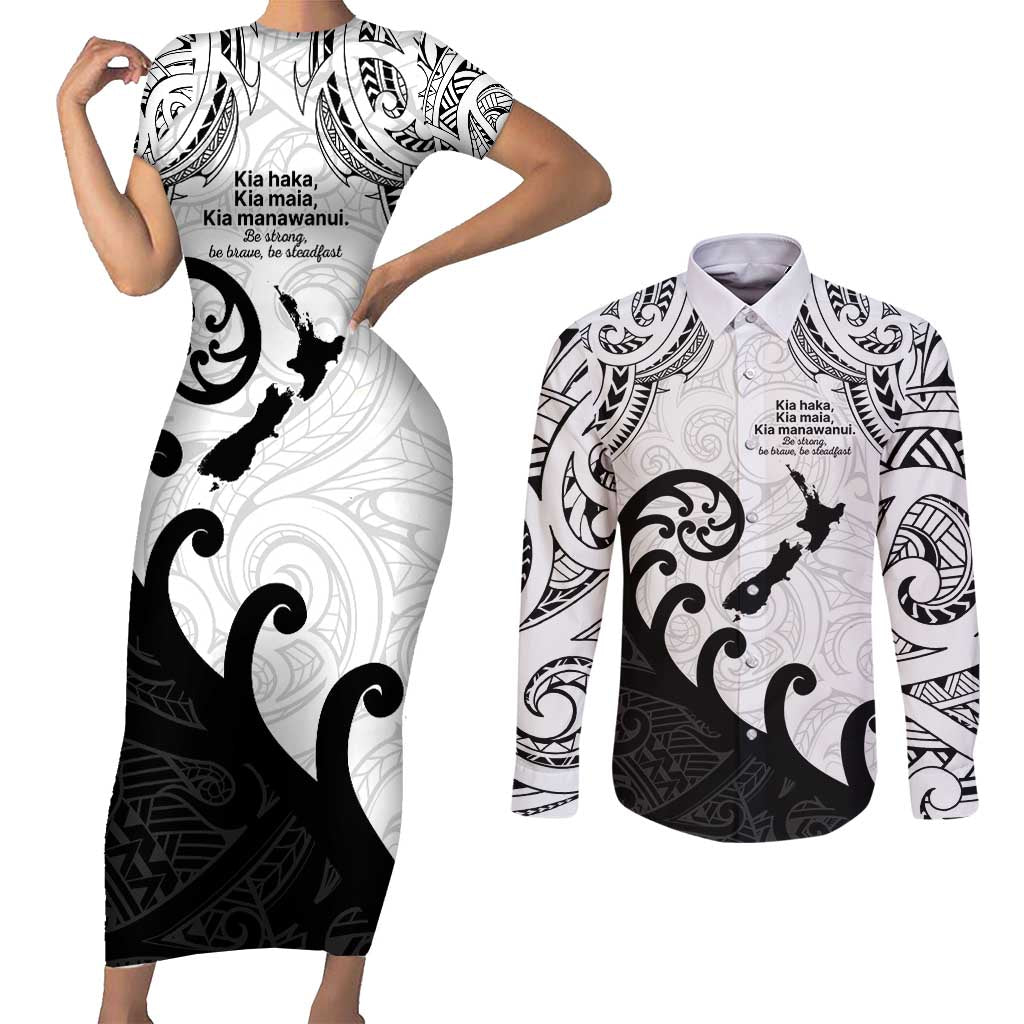 Kia Haka Maori language Couples Matching Short Sleeve Bodycon Dress and Long Sleeve Button Shirt Te Reo Maori Inspired Art LT9 white - Polynesian Pride