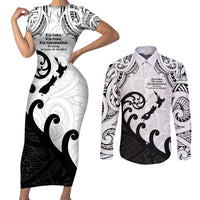 Kia Haka Maori language Couples Matching Short Sleeve Bodycon Dress and Long Sleeve Button Shirt Te Reo Maori Inspired Art LT9 white - Polynesian Pride