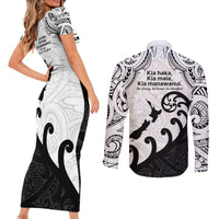 Kia Haka Maori language Couples Matching Short Sleeve Bodycon Dress and Long Sleeve Button Shirt Te Reo Maori Inspired Art LT9 - Polynesian Pride