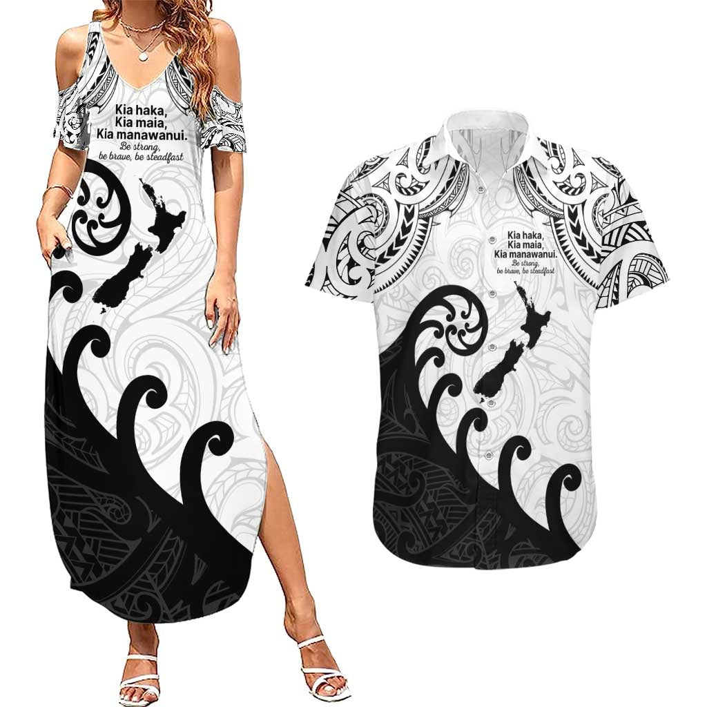 Kia Haka Maori language Couples Matching Summer Maxi Dress and Hawaiian Shirt Te Reo Maori Inspired Art LT9 white - Polynesian Pride