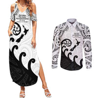 Kia Haka Maori language Couples Matching Summer Maxi Dress and Long Sleeve Button Shirt Te Reo Maori Inspired Art LT9 white - Polynesian Pride