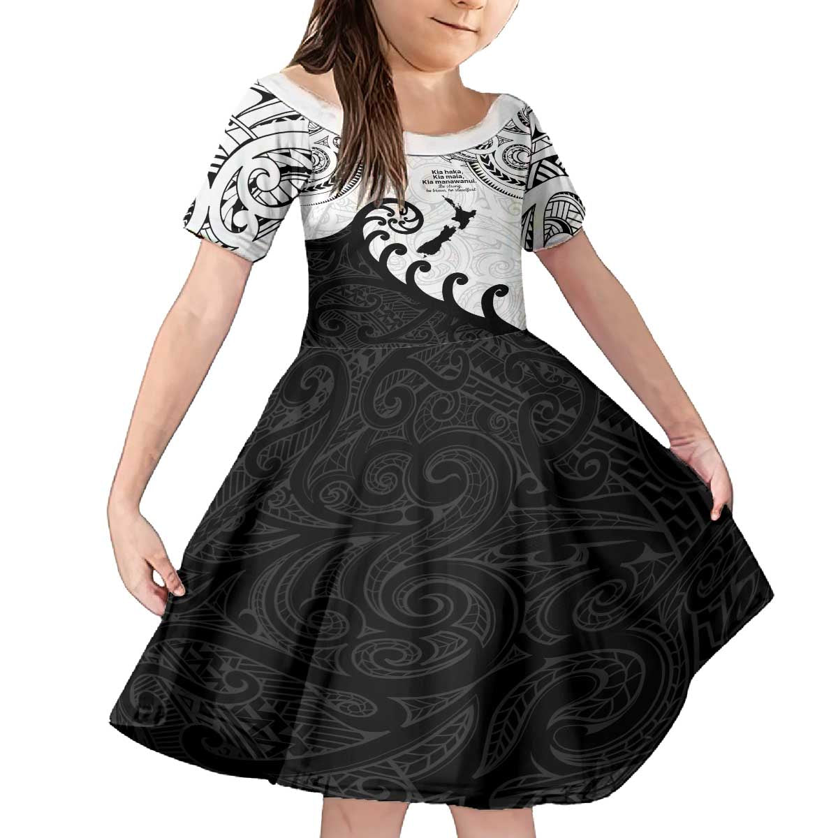 Kia Haka Maori language Family Matching Off The Shoulder Long Sleeve Dress and Hawaiian Shirt Te Reo Maori Inspired Art LT9 Daughter's Dress white - Polynesian Pride