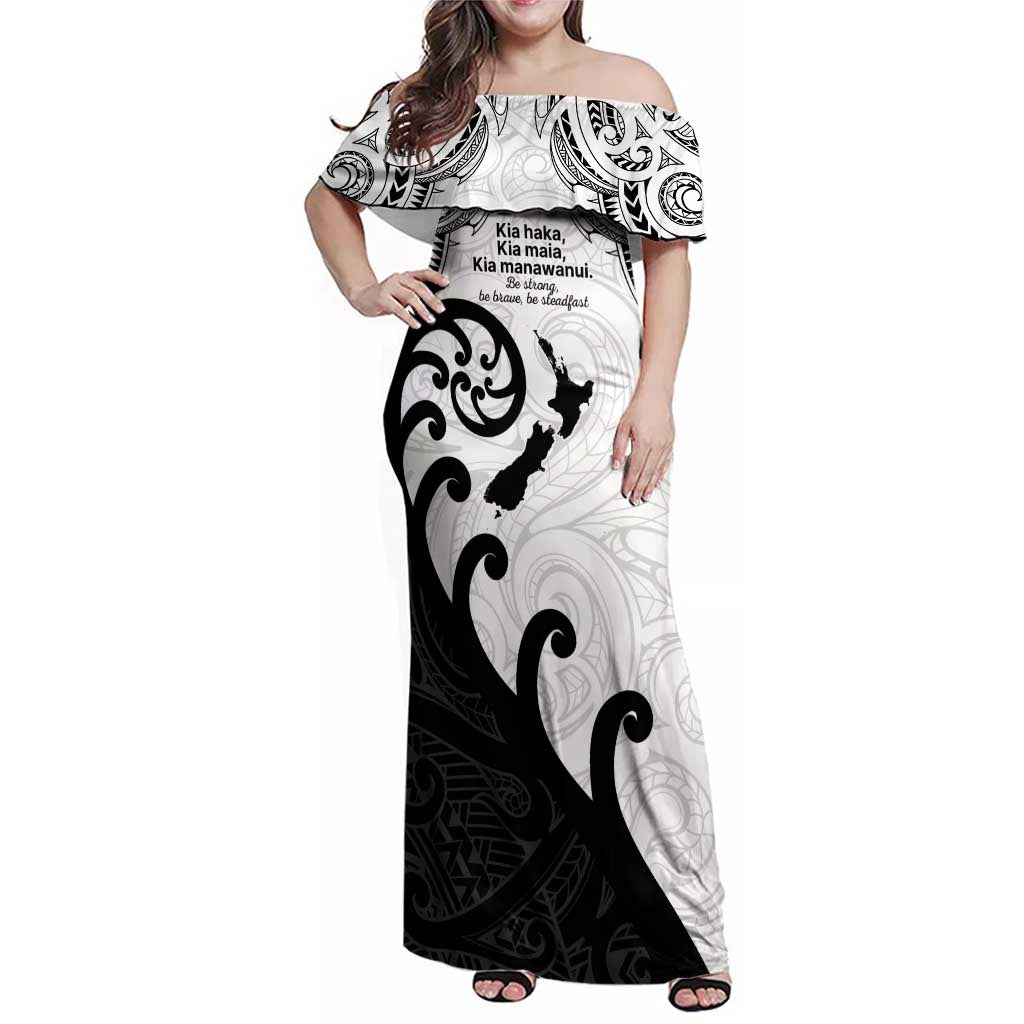 Kia Haka Maori language Family Matching Off Shoulder Maxi Dress and Hawaiian Shirt Te Reo Maori Inspired Art LT9 Mom's Dress white - Polynesian Pride