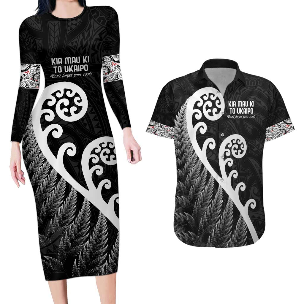 Kia Mau Ki To Ukaipo Couples Matching Long Sleeve Bodycon Dress and Hawaiian Shirt Te Reo Maori Koru Fern Art LT9 Black - Polynesian Pride